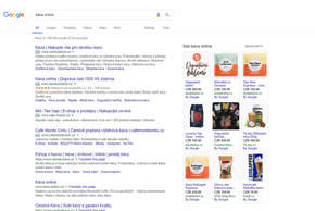 Stránka s výsledky vyhledávání Google na dotaz „káva online“