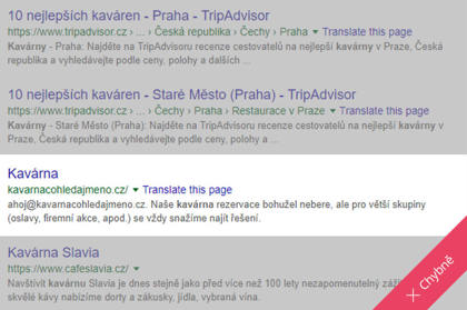 Stránka SERP Google. Nesprávně optimalizované descripttion
